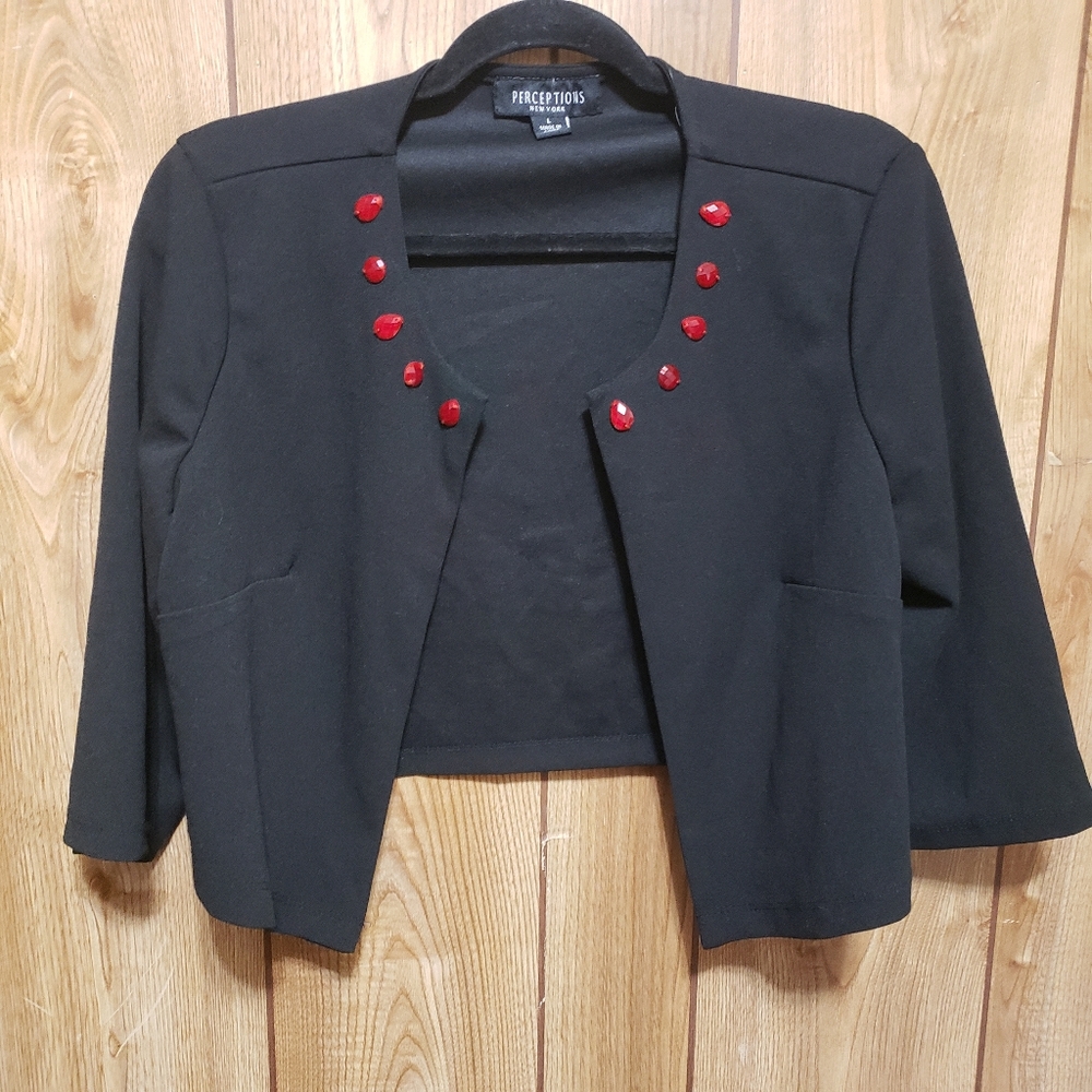 Perceptions NY Large Black W/ Red Jewels Cropped 1 Hook Closure Jacket